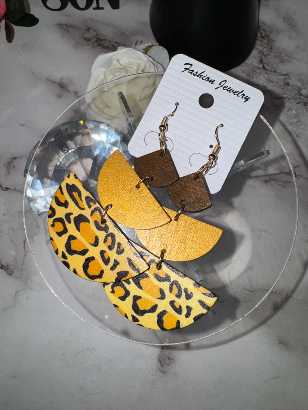 Fashion Jewelry Yellow Leopard Print & Gold Layered Drop Earrings